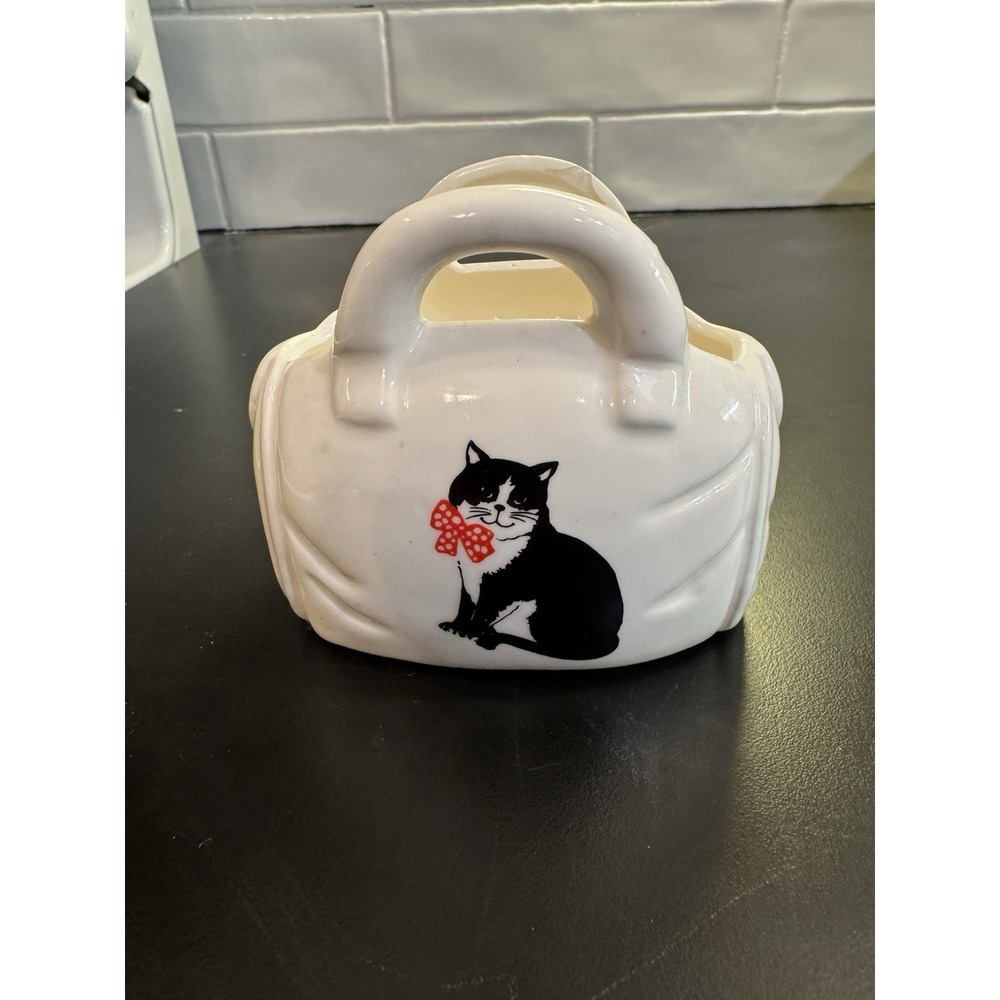 Vintage Cat Figurine Planter Black and White Tuxedo‎ Cat On Purse Shaped Holder